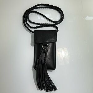 Dress Barn black vegan leather braided crossbody w/ tassels